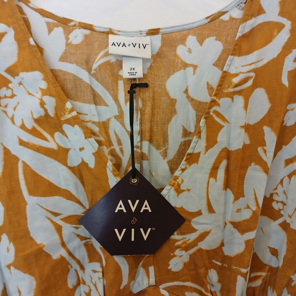 Ava & Viv Womens Floral VNeck Midi Dress 2X Gold White Lightweight Pockets #D-31 - Picture 5 of 8